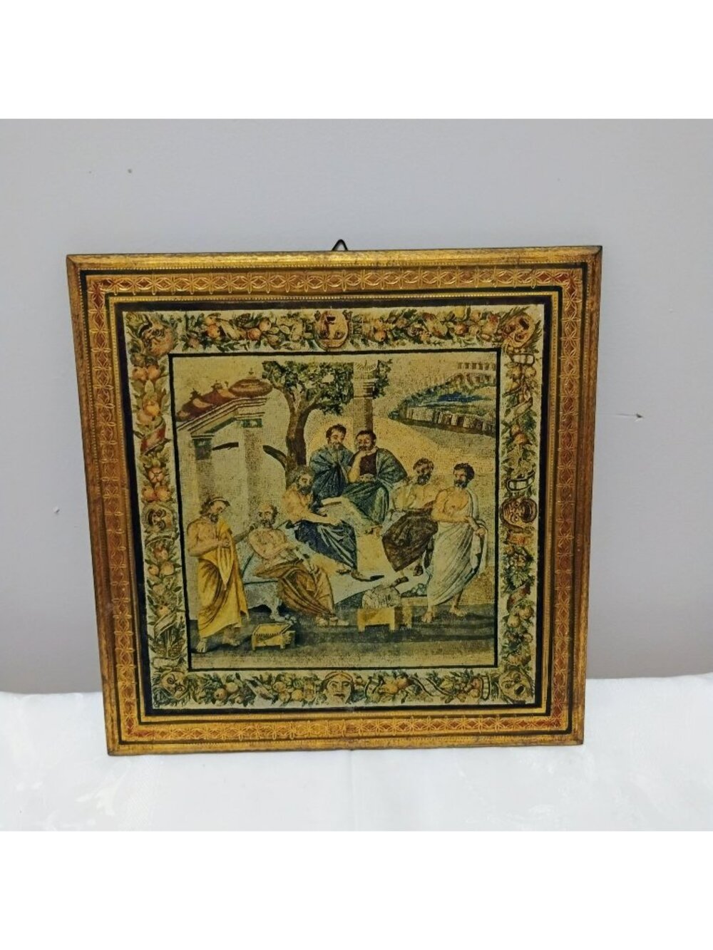 Vintage Fratelli Alinari Florentine Wood Plaque Art Print, Mosaic Roman Painting